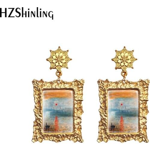 Claud Sunrise Water Lilies Paintings Retro Gold Dangle Drop Earrings Glass Cabochon Mandala Pendants Jewelry