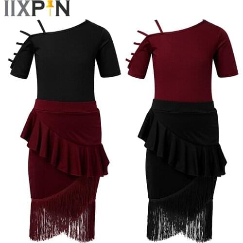 Kids Latin Dance Dress For Girls Tango Ballroom Dance Competition Costume Prom Party Performance Dance Leotard Fringe Skirt Set