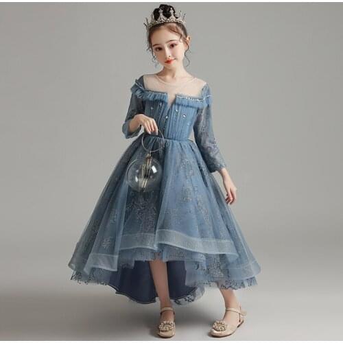 Flower Girl Dresses Illusion Sequined Beading O-Neck Three Quarter Princess Knee-Length Luxury Tulle Lace Kids Party Gown H304