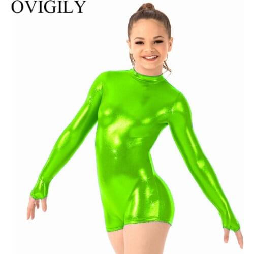 OVIGILY Kids Mock Neck Metallic Biketards With Thumbholes Girls Gold Gymnastics Leotards Shorty Unitard Dance Costumes For Stage