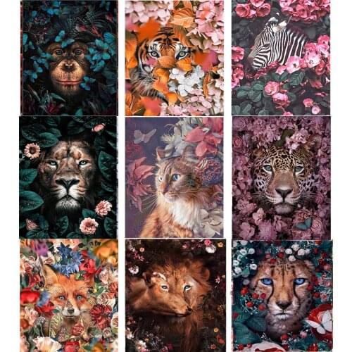 Square/round diamond 5D DIY diamond painting flower bush cat fox tiger lion rabbit brown bear monkey 3D embroidery cross stitch