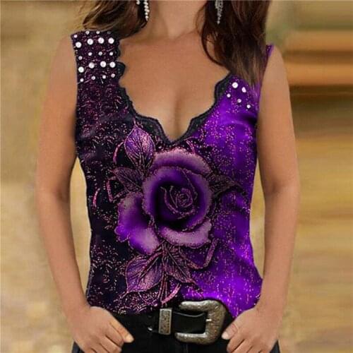 Summer Sexy Ladies Patchwork T Shirt Floral Printed Deep V Neck Top Sleeveless Women Casual T Shirt