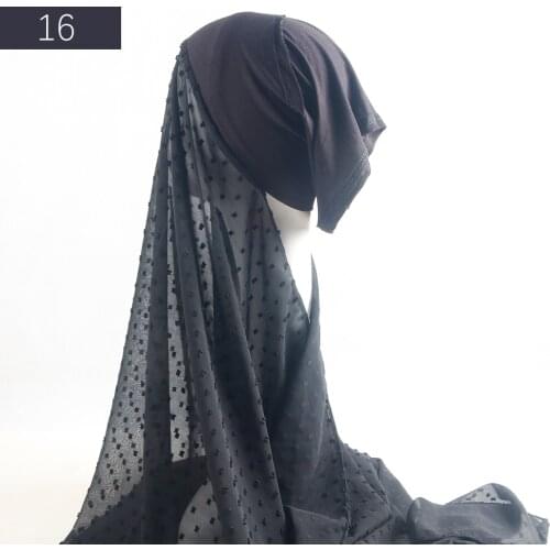 Muslim Instant Cap Dot PomPom Chiffon + Cotton Cap Bubble Hijab Scarf Long Shawl with UnderCap Wrap Headband shawls