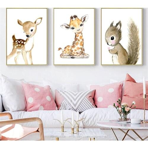 Deer Deer Squirrel Elephant Poster Leopard Zebra Fox Rabbit Raccoon Bird Print Animal Canvas Painting Nordic Baby Kid Room Decor