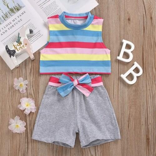 Girls Autumn Shorts Sleeveless Top Suit Clothing Suit Stand Collar Rainbow Sleeveless Top Shorts Set