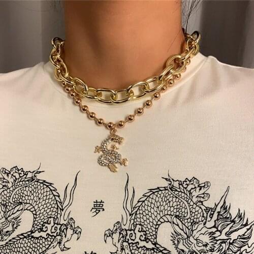 2Pcs Shiny Rhinestone Dragon Pendant Beaded Necklace Set Punk Chunky Thick Chain Choker Necklace Party Jewelry Gift for Women