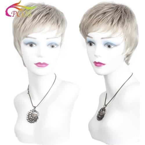 Short Synthetic Hair wig Dark roots for white or black women Hair Natural Grey Wigs