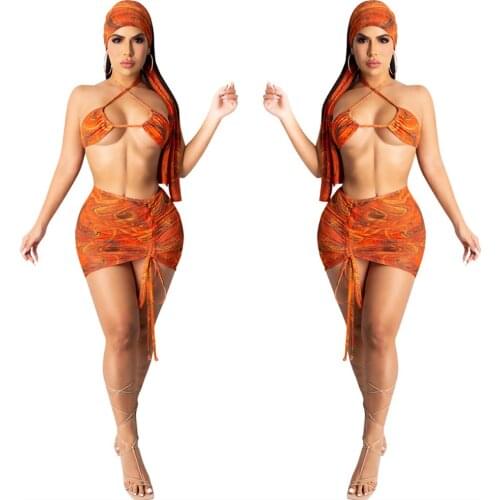 Beach Bikinis 4 Piece Set Women Wire Free Halter Bra Drawstring Shorts Shirring Elastic Skirts Long Headscarf Swimsuits