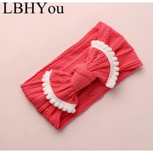 1pcs Round Knot Baby Girls Nylon Headbands,Wide Cable Knit Nylon Headwraps With Pompom Trims,Newborn Girls Hair Accessories