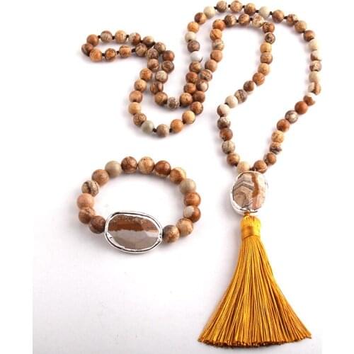 MD Fashion Jewelry Set Natural Stone Knotted Stone Link Tassel Necklace Bracelet set