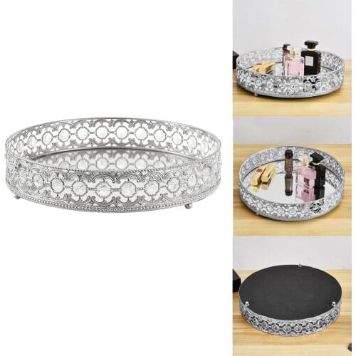 Silver Jewelry Tray Crystal Mirrored Makeup Tray Trinket Cake Display Decor