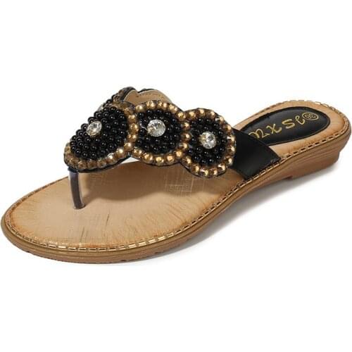 Flip Flops women pearl crystal clip toe slippers large size 36-42 summer beach shoes woman sandalias wood wedges beads slides