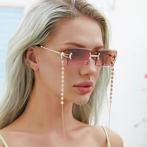 2021 Brand Gradient Rimless Sunglasses Women Travel Small Rectangle Sun Glasses Vintage Square Shades With Star Chain Lanyard