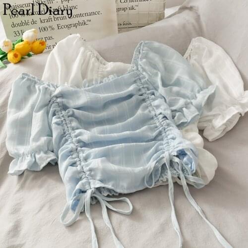 Pearl Diary Woven Plaid Chiffon Cropped Tops Women Drawstring Back Smocked Top Summer Slash Neck Lantern Sleeve Sweet Crop Tops