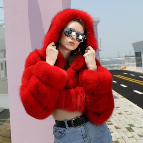 Fashion Real Fox Fur Coat Long Sleeves Natural Furry Fur Hooded Winter Vogue Lady Fur Jacket Women Fur Coat