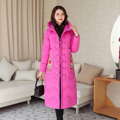 2021 Winter New Ethnic Style Retro Embroidery Ladies Cotton-padded Jacket Large Size Disc Button Long Hooded Thick Parka e376