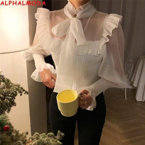 ALPHALMODA 2021 Spring Bow Collar Ruffled Detaials Perspective Chiffon Stitching Knitted Sweater Women Patchwork Sweet Jumper