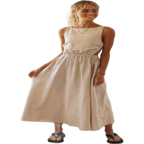 2021 Summer New Womens Solid Color Sleeveless Round Neck Sexy Open Fashion Back Long Skirt big swing Dress