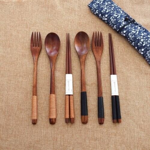 3pcs Portable Spoon Chopsticks Fork Wooden Cutlery Bag Set Travel Camping Bag Picnic Outdoor Tableware Japanese Dinner Set