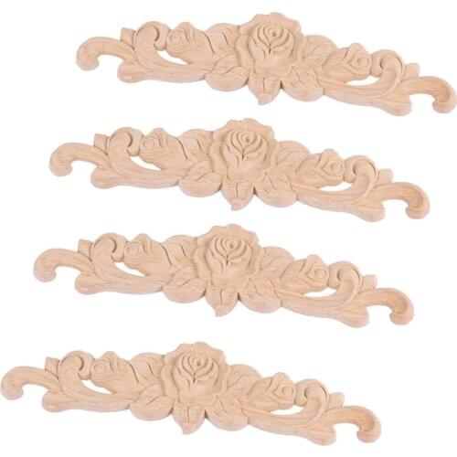 4PC 20*5cm Rubber Wood Carved Long Onlay Applique Unpainted Rose Flower Door Home Decor European Style Used For Cabinets,Windows