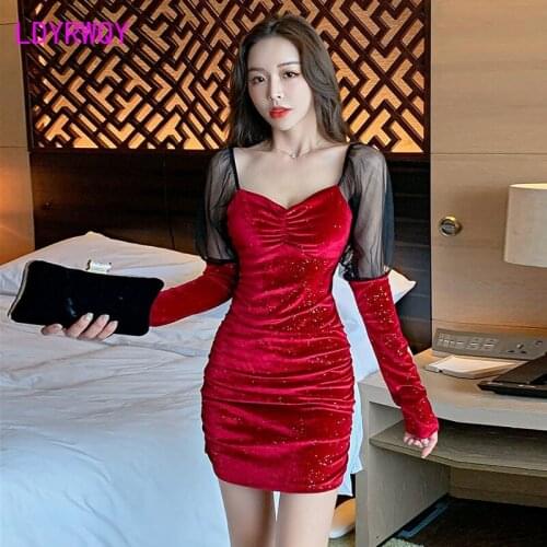 Stitching gold velvet waist bag hip skirt LDYRWQY Spring long-sleeved dress female new sexy nightclub womens mesh