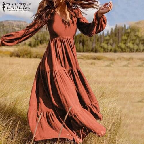 Plus Size ZANZEA Bohemian Sundress Womens Puff Sleeve Long Plain Maxi Dress Sexy V neck Casual Loose Patchwork Dress Beach Robe