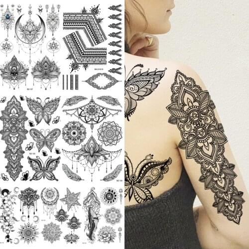 Large Black Henna Butterfly Temporary Tattoos For Women Girls Realistic Lace Pendant Whale Fake Tattoo Sticker Arm Back Tatoos