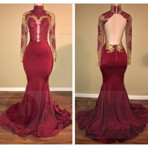 Burgundy African Black Girls Mermaid Prom Dresses 2019 Lace Long Sleeves High Neck Backless Elsatic Satin Vestido De Festa