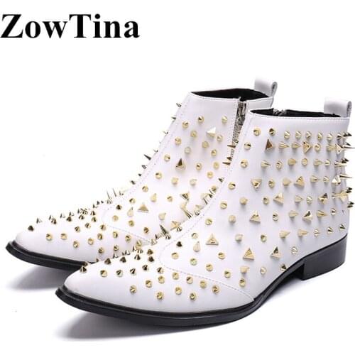 White Real Leather Men Short Boots Handmade Rivets Military Winter Booties Pointed Toe Spike Big Size 46 Work Bota Masculino