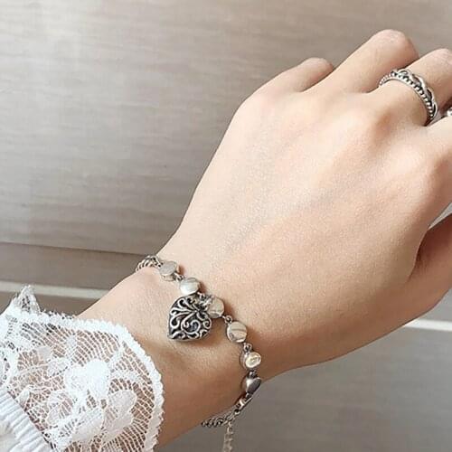 Intage Handmade Love Heart Bracelet Bangles For Women Men Couple Bracelet Thick Chain Thai Silver Color Jewelry