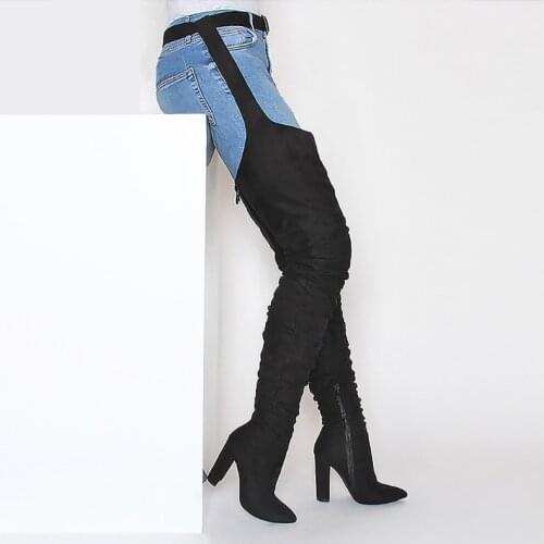 Chaussures Femme Black Green thigh high over the knee boots high heel Pants Botas gothic female Ladies shoes Buckle Strap boot