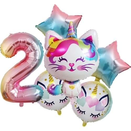 1set Rainbow Unicorn Cat Foil balloon 32inch Gradient color Number star heart balloon Wedding kids Birthday Party Decoration