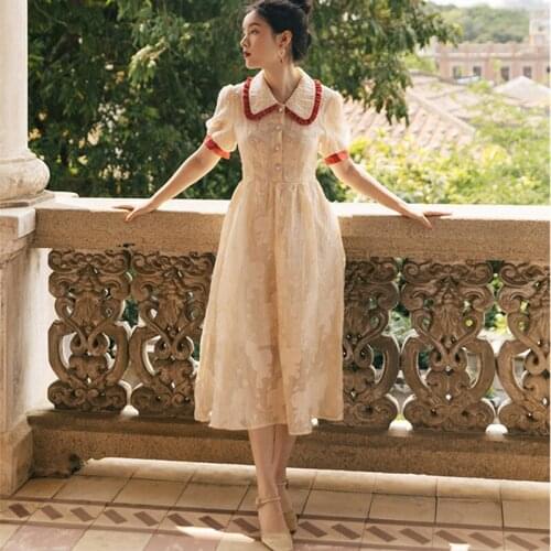 French Retro Jacquard Peter pan Collar Palace Dress Summer Beaded Love Chic Button Puff Sleeve Sweet Princess Dress