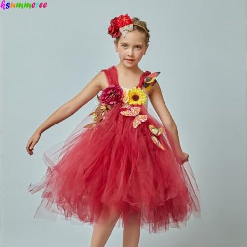 Fairy Fall Flower Girl Princess Tutu Dress Kids Wedding Birthday Party Tulle Dress Children Fancy Dance Recital Tutu Ball Gown