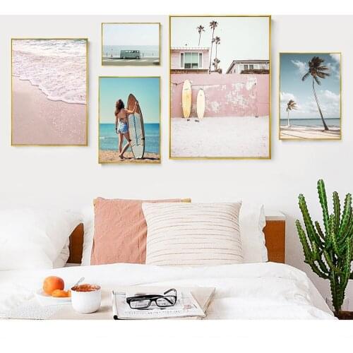 Pink Beach Surfing Canvas Prints Scandinavian Landscape Wall Poster Living Room Pictures Paintings