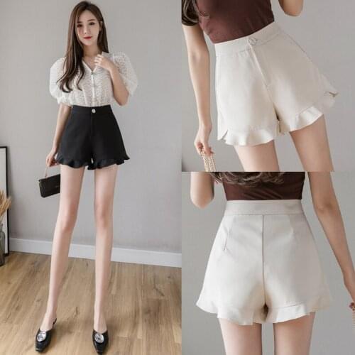 Womens summer casual shorts casual versatile elegant fashion frilly hem high-waisted shorts black apricot shorts