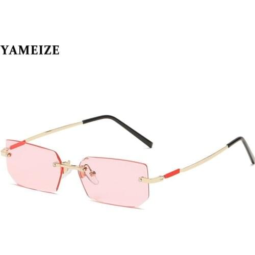Small Rectangle Rimless Sunglasses Women Vintage Square Pink Eyeglasses Stylish Sunglasses Luxury Brand Glasses Ladies Oculos