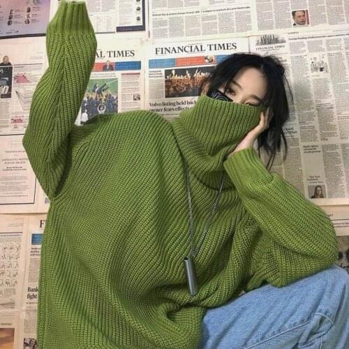 Turtleneck Sweater Women Pullover Solid Loose Long Sleeve Top Winter Pullovers Warm Green Oversize Knit Sweater Leisure Knitwear