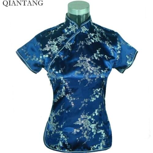Special Offer Navy Blue Womens Blouse Satin Shirt Top Mujeres Camisa Chinese Traditional Clothing Flower Size S M L XL XXL A0025