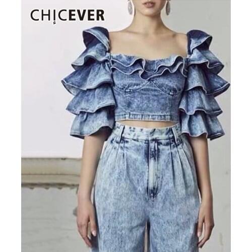 CHICEVER Denim Blouses For Women Square Collar Flare Half Sleeve Patchwork Ruffles Designer Loose Blue Shirts Female 2021 Spring