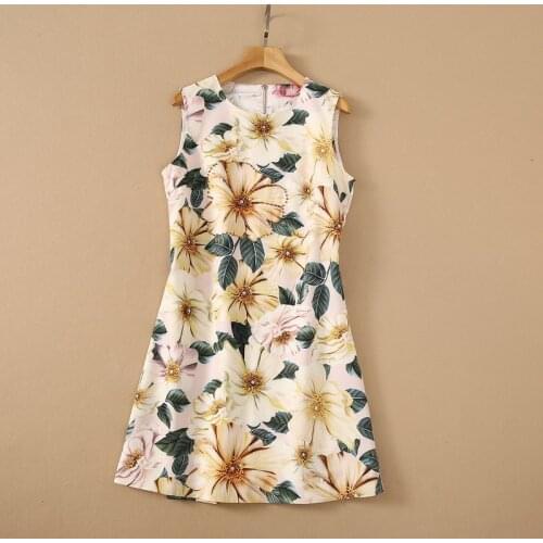 Europe and the United States womens clothing New Summer 2021 Sleeveless camellia print nail bead Fashion dress round neck