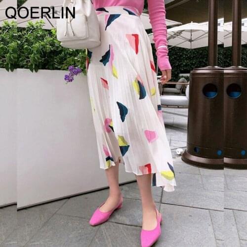 QOERLIN Organ Pleated Chiffon Printed Skirt Women Korea Chic Summer New Female Elegant All-Match Elastic Waist Skirt Black White