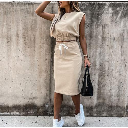 Women Set with Skirt Solid Slim Ladies Skirts Suit Sleeveless Sweatshirt 2021 Summer Fashion