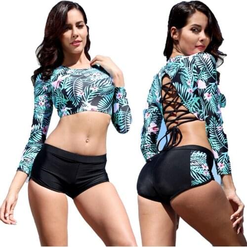 Long Sleeves Women Tankini Plus Size Bandage Bathing Suit Floral Monokini Push Up Two Pieces Swimwear Big size to 5XL Beachwear