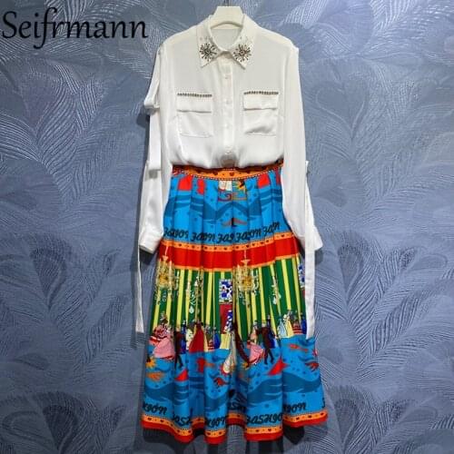 Seifrmann New 2021 Summer Women Fashion Runway Skirts Set Lantern Sleeve Pockets Loose Blouses + High Waist Midi Skirts Suits