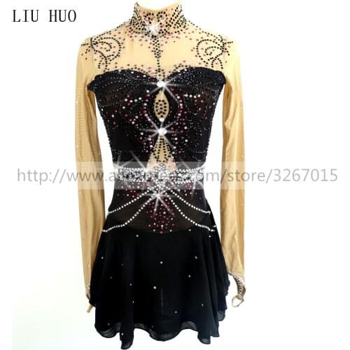 Competition Figure Skating Dress Womens Girls' Ice Skating Dress Roller skating long sleeve Adults Kids Black Skirt