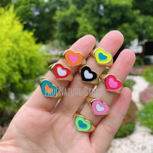 5Pcs RM40054 Jewelry Gold Plated Copper Jewelry Adjustable Heart Ring Colors Gold Plated Enamel Heart Shape Ring