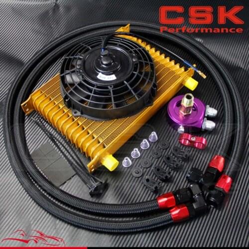 AN10 15 Row Engine Oil Cooler +oil lines adapter kit + 7" Electric Fan Gold