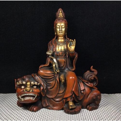 9" Tibet Buddhism Old Bronze Gilt Real gold silver Manjushri Buddha Statue Guanyin riding a white elephant statue Avalokitesvara