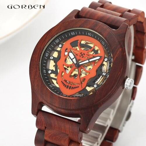 Punk Skull Automatic Wood Watch Mens Skeleton Mechanical Wooden Bamboo Wrist Watches Men Steampunk Male Clock Relojes Hombre